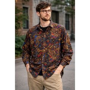 Vintage 90s Geometric Artsy Rayon Button Up Shirt  Hipster Korea Mens Large